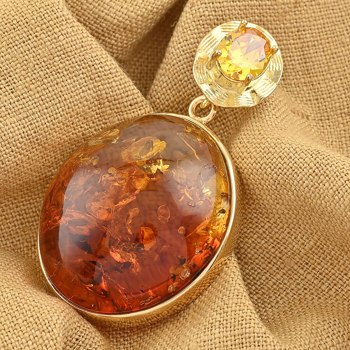 Baltic Amber, Simulated Diamond Pendant in 14K YG Over Sterling Silver 4.31 ctw image number 1
