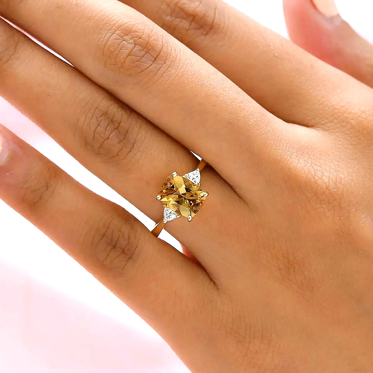 Luxoro Premium Golden Scapolite and Moissanite 2.10 ctw Ring in 10K Yellow Gold (Size 8.0) image number 2