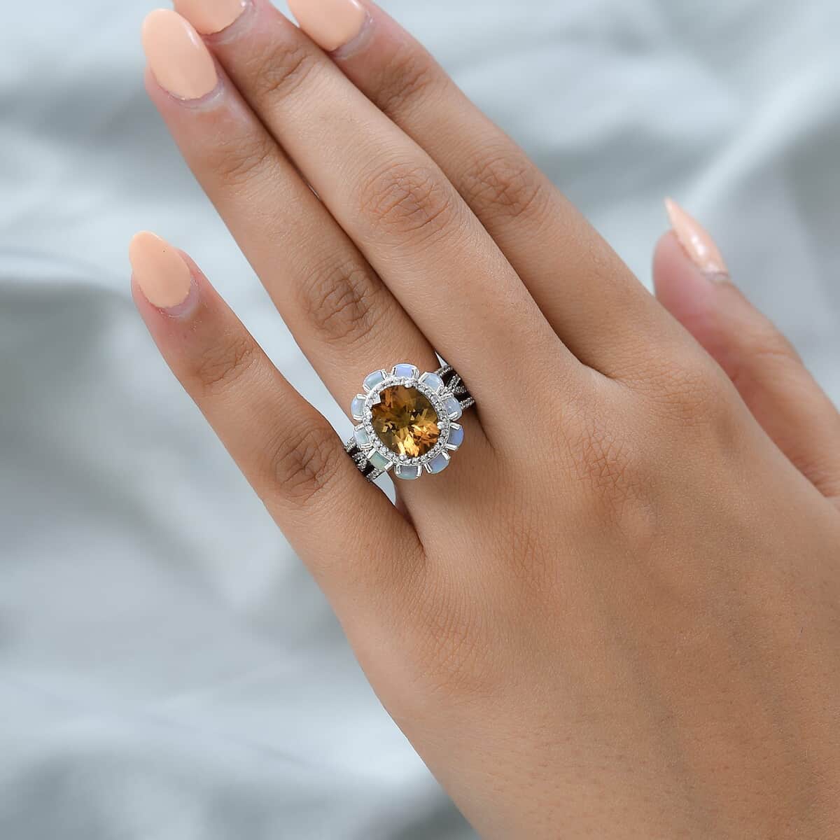 Premium Golden Scapolite and Multi Gemstone Cocktail Ring in Platinum Over Sterling Silver 4.85 ctw image number 2