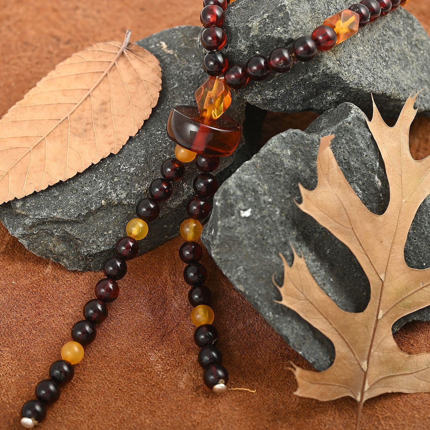 Baltic Cherry and Honey Colored Amber Beaded Necklace 20 Inches in Sterling Silver