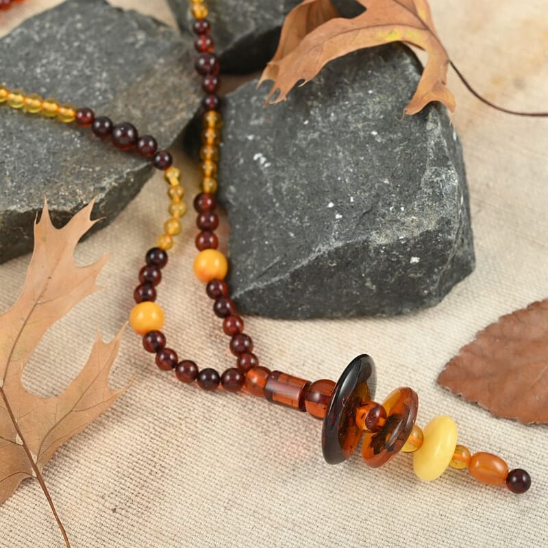 Baltic Multi Color Amber Beaded Necklace 26 Inches in Sterling Silver