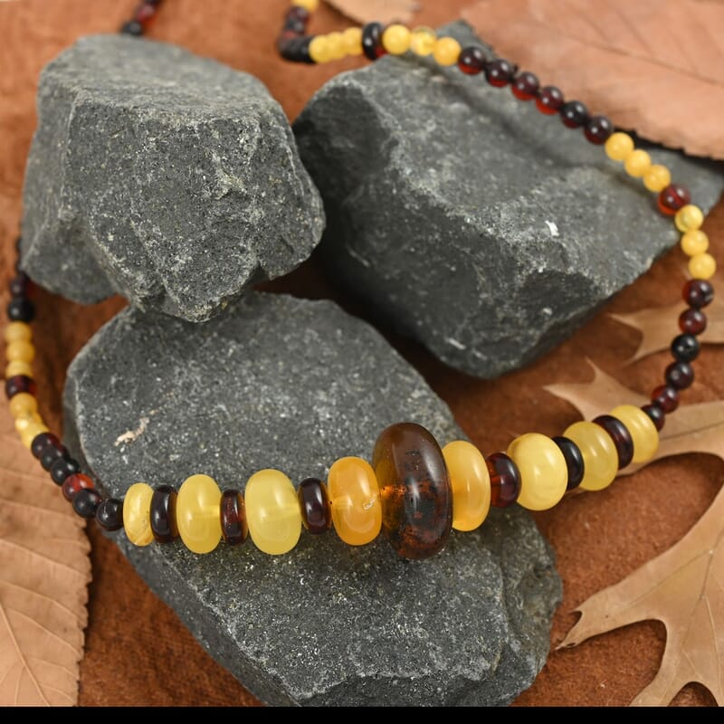 Baltic Multi Color Amber Beaded Necklace 22 Inches in Sterling Silver