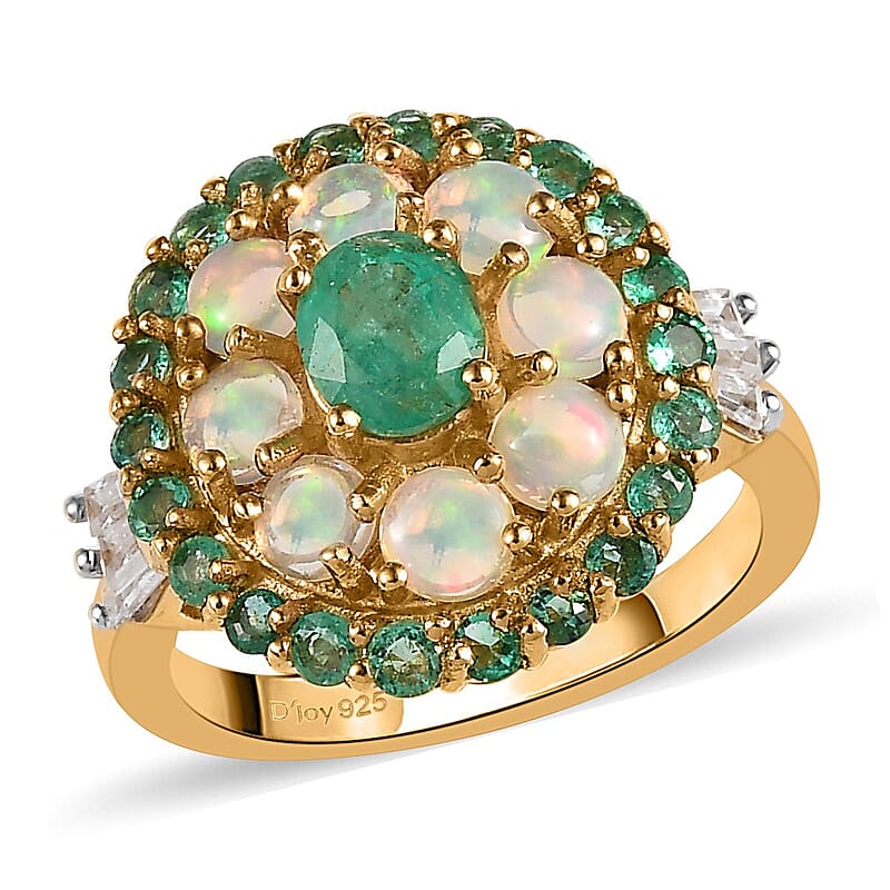 Boyaca Colombian Emerald and Multi Gemstone Cluster Ring in Vermeil Yellow Gold Over Sterling Silver (Size 6.0) 2.75 ctw