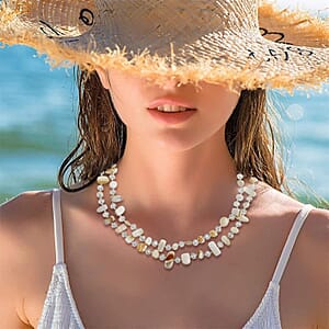 White Shell Chips and Aurora Borealis Color Glass Beaded Necklace 47 Inches