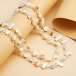 White Shell Chips and Aurora Borealis Color Glass Beaded Necklace 47 Inches