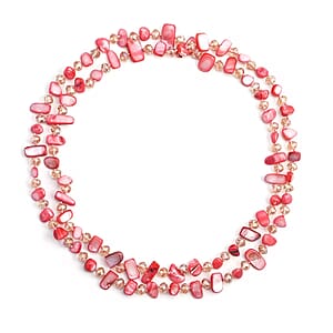 Pink Shell Chips and Pink Color Glass Beaded Necklace 47 Inches