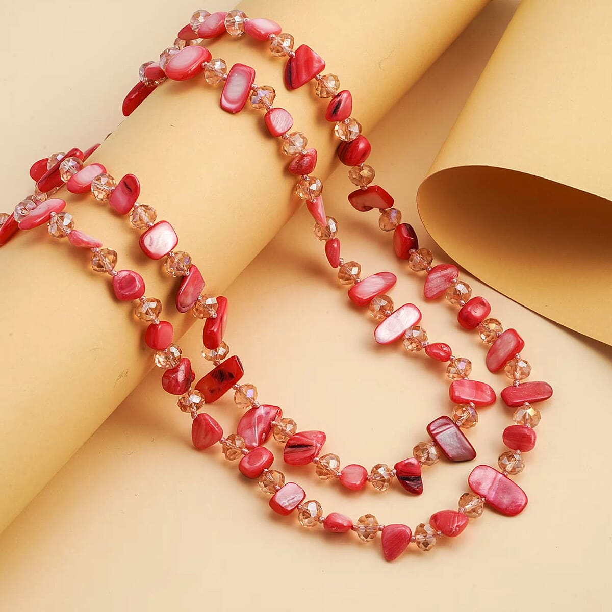 Pink Shell Chips and Pink Color Glass Beaded Necklace 47 Inches image number 2
