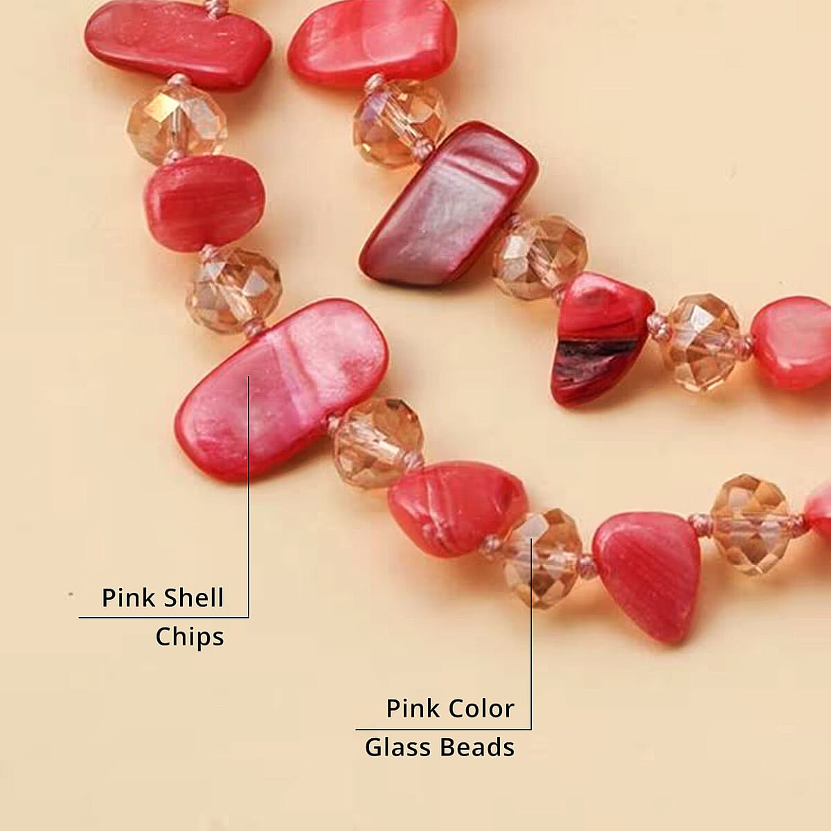 Pink Shell Chips and Pink Color Glass Beaded Necklace 47 Inches image number 4