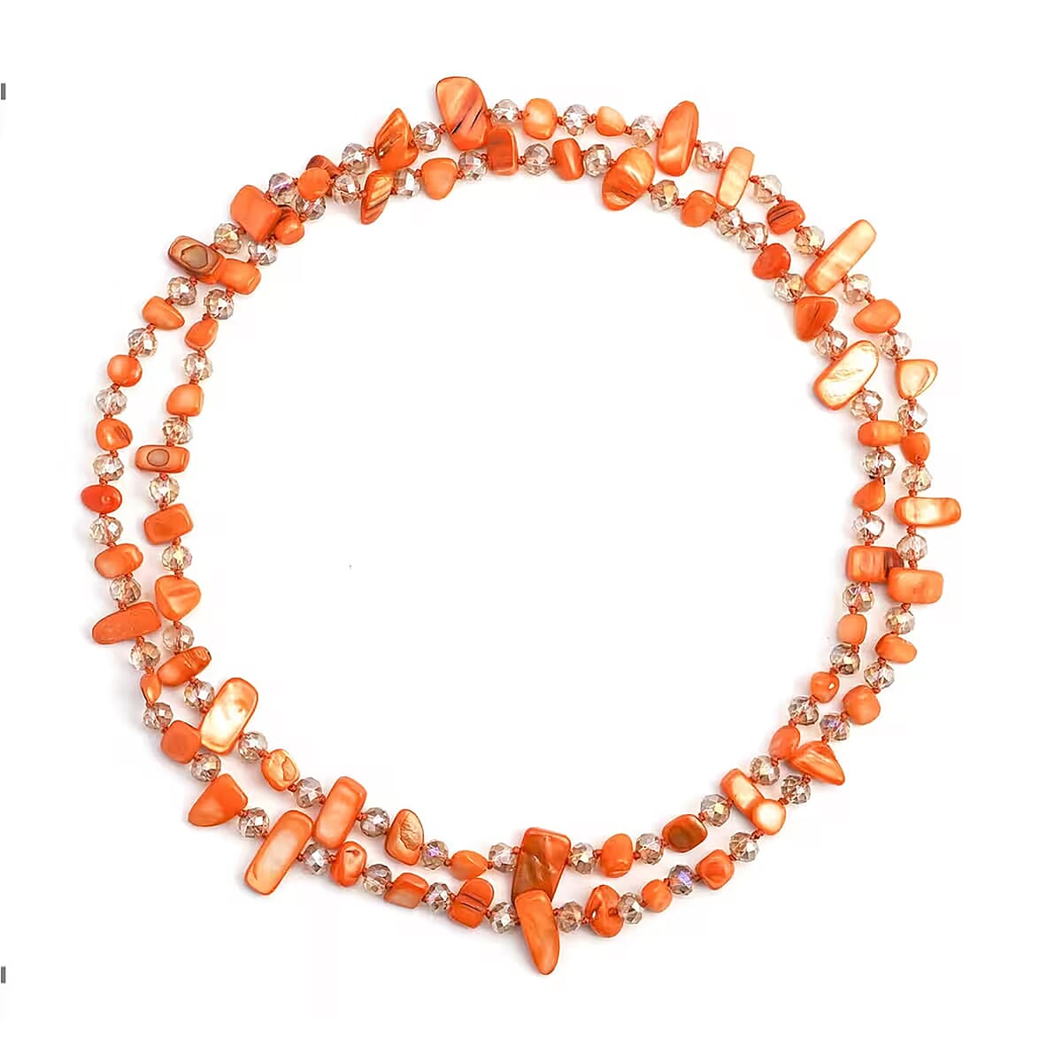 Orange Shell Chips and Champagne Color Glass Beaded Necklace 47 Inches image number 0