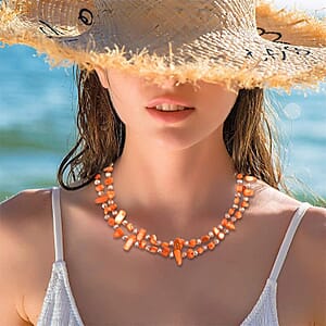 Orange Shell Chips and Champagne Color Glass Beaded Necklace 47 Inches
