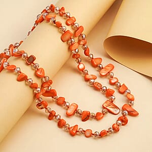 Orange Shell Chips and Champagne Color Glass Beaded Necklace 47 Inches