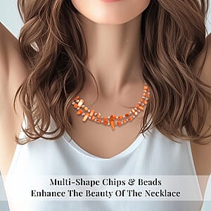 Orange Shell Chips and Champagne Color Glass Beaded Necklace 47 Inches