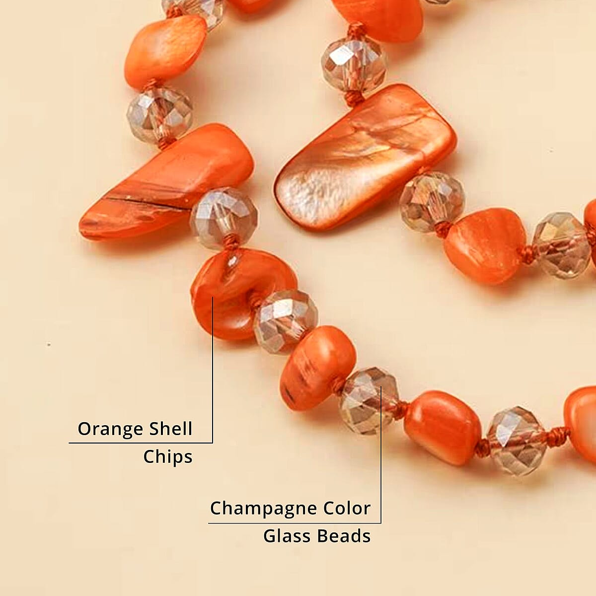 Orange Shell Chips and Champagne Color Glass Beaded Necklace 47 Inches image number 4