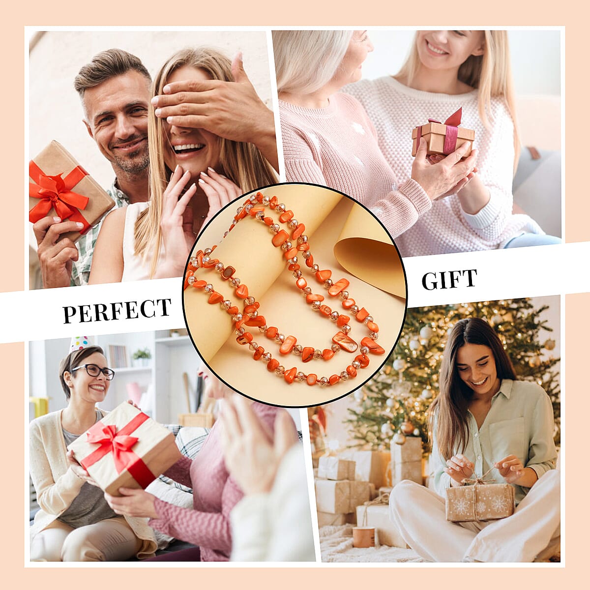 Orange Shell Chips and Champagne Color Glass Beaded Necklace 47 Inches image number 5