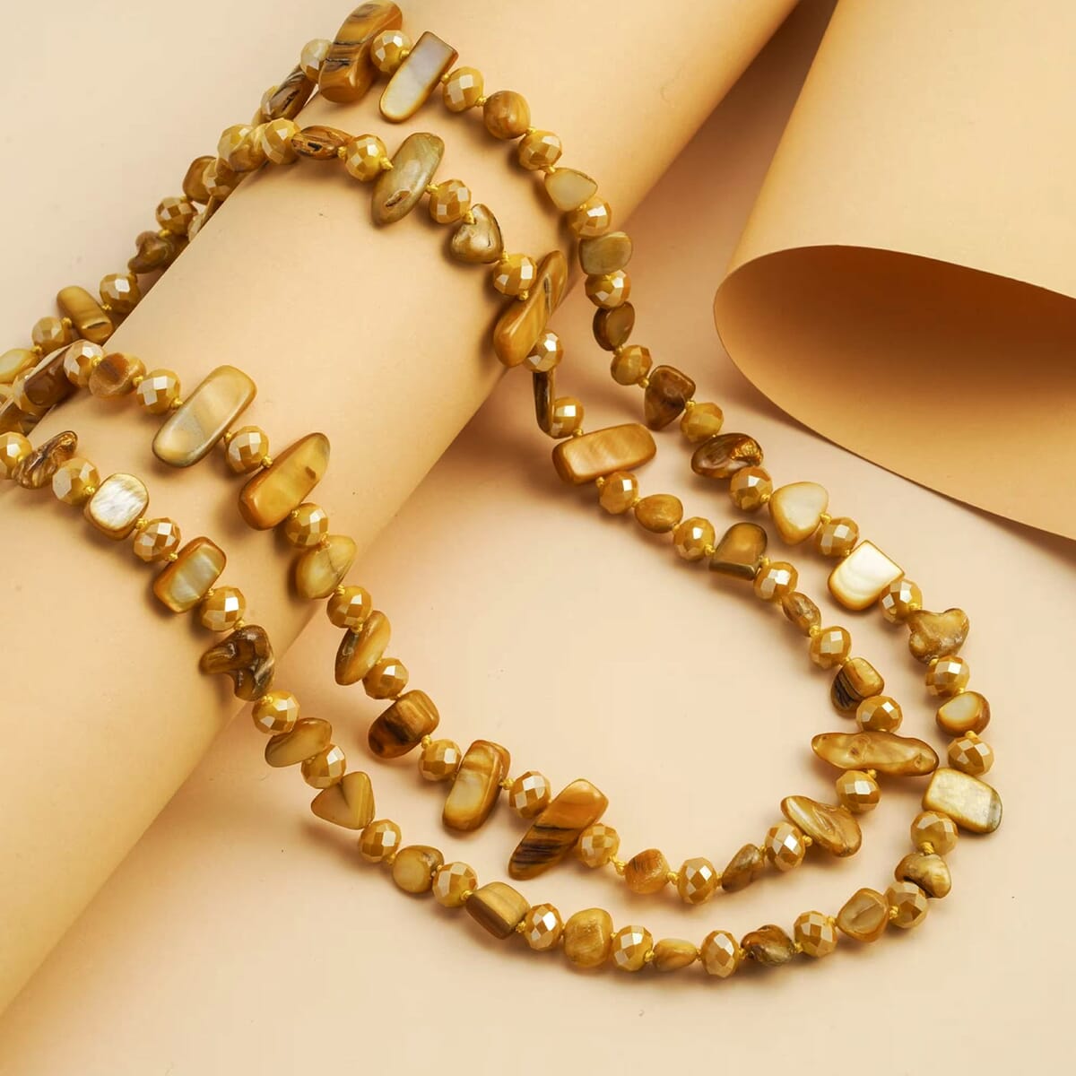 Yellow Shell Chips and Yellow Color Glass Beaded Necklace 47 Inches image number 2