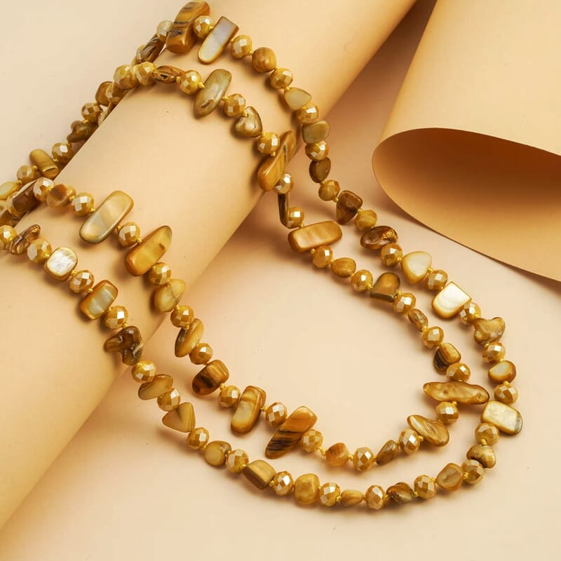 Yellow Shell Chips and Yellow Color Glass Beaded Necklace 47 Inches