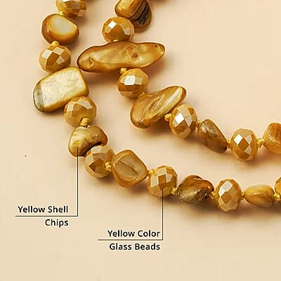 Yellow Shell Chips and Yellow Color Glass Beaded Necklace 47 Inches