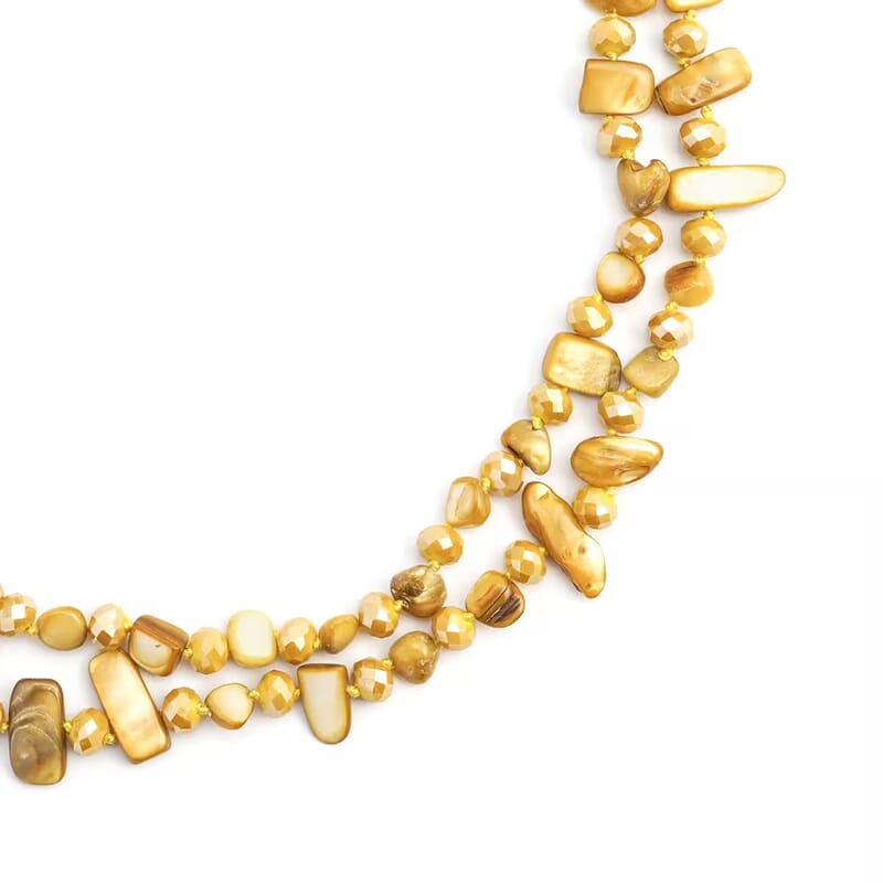 Yellow Shell Chips and Yellow Color Glass Beaded Necklace 47 Inches