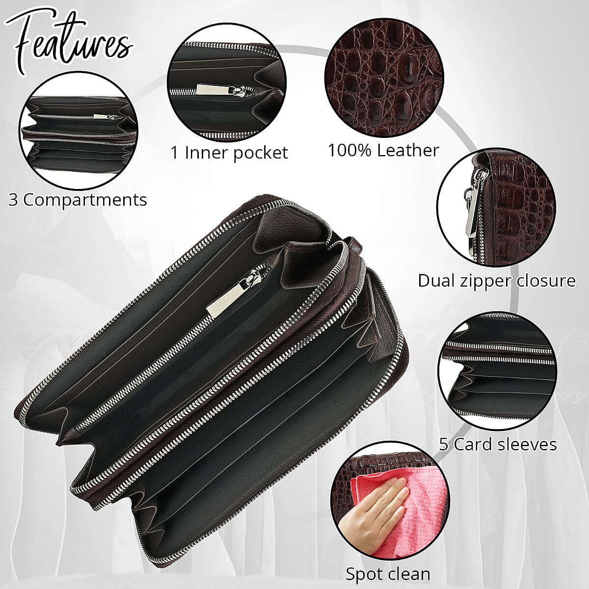 Closeout Brand River Brown Crocodile Embossed Genuine Leather Clutch Bag image number 1