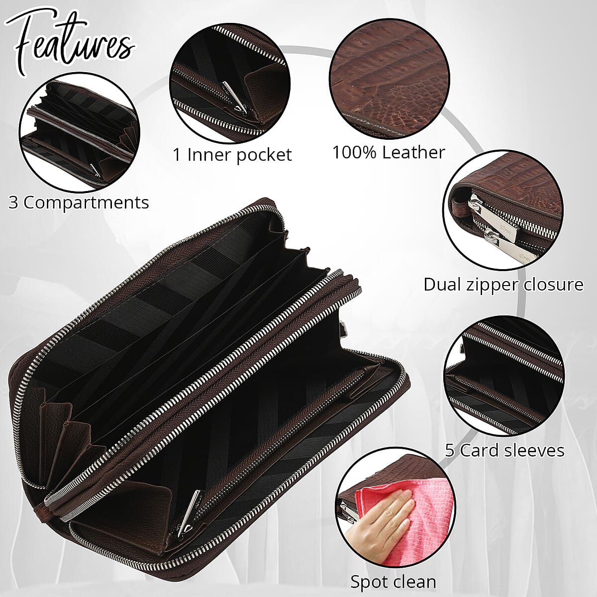 Closeout Brand River Dark Brown Genuine Crocodile Leather Clutch Bag image number 1