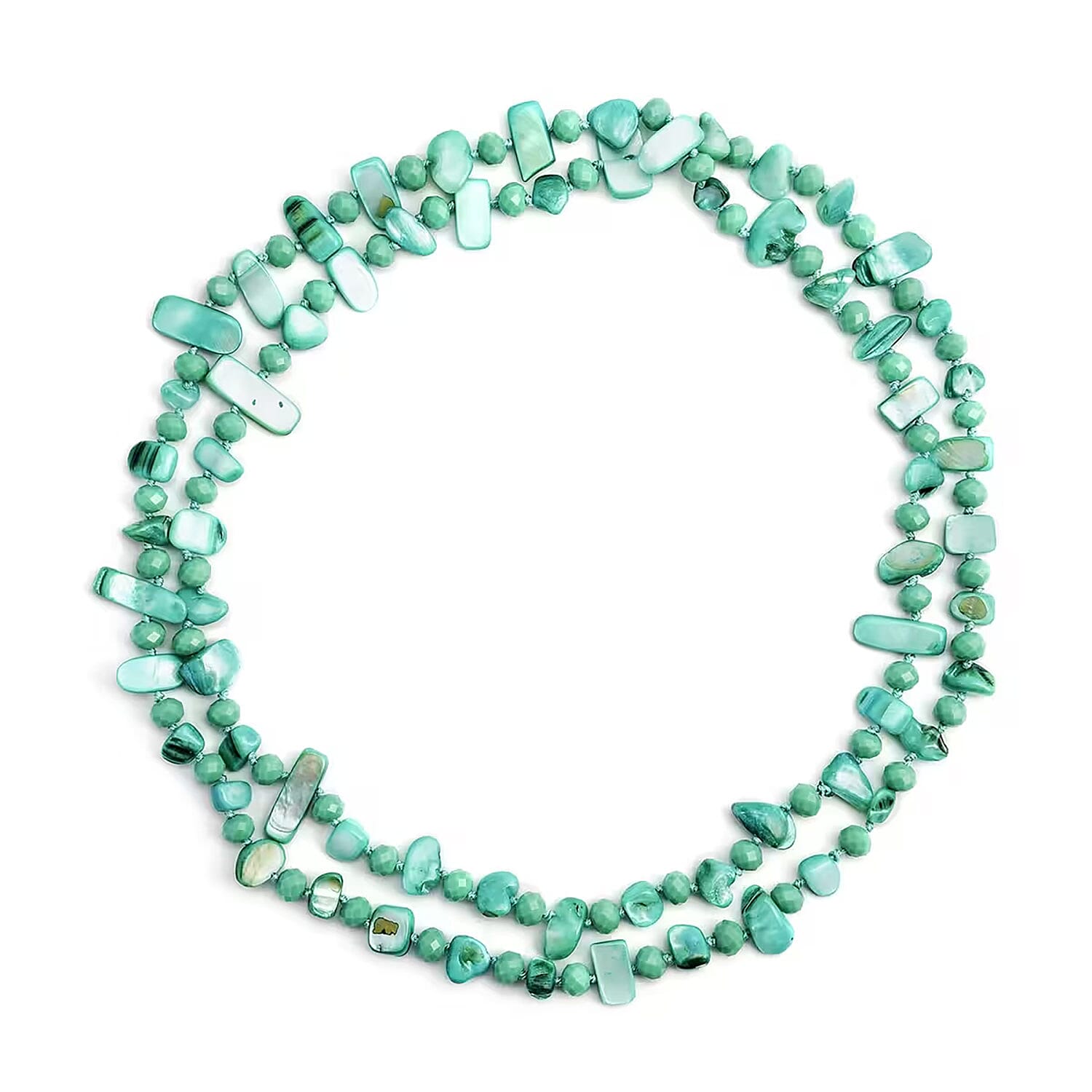 Green Shell Chips and Green Color Glass Beaded Necklace 47 Inches