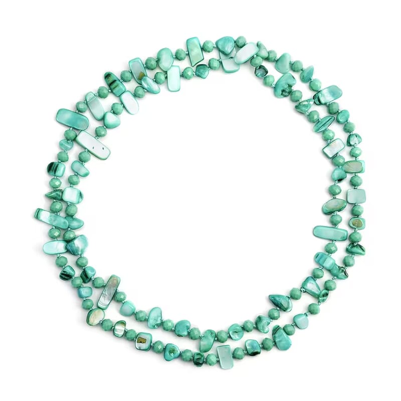 Green Shell Chips and Green Color Glass Beaded Necklace 47 Inches