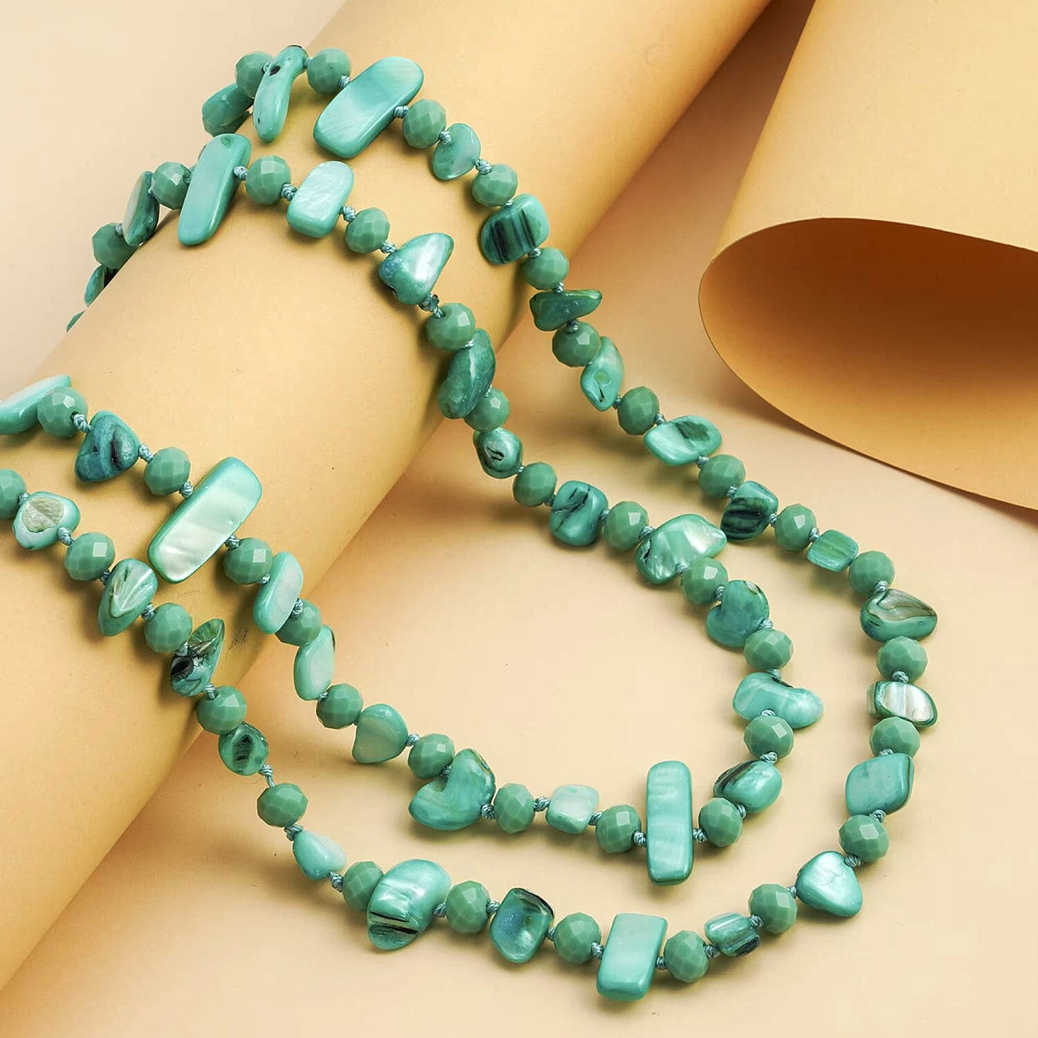 Green Shell Chips and Green Color Glass Beaded Necklace 47 Inches