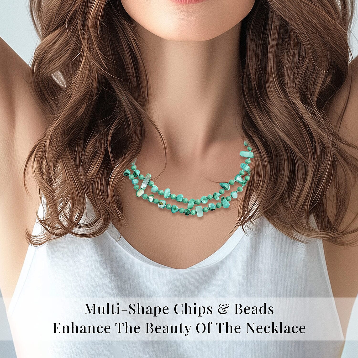 Green Shell Chips and Green Color Glass Beaded Necklace 47 Inches