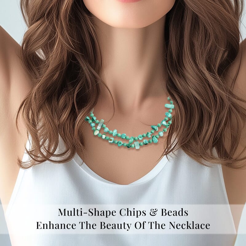 Green Shell Chips and Green Color Glass Beaded Necklace 47 Inches