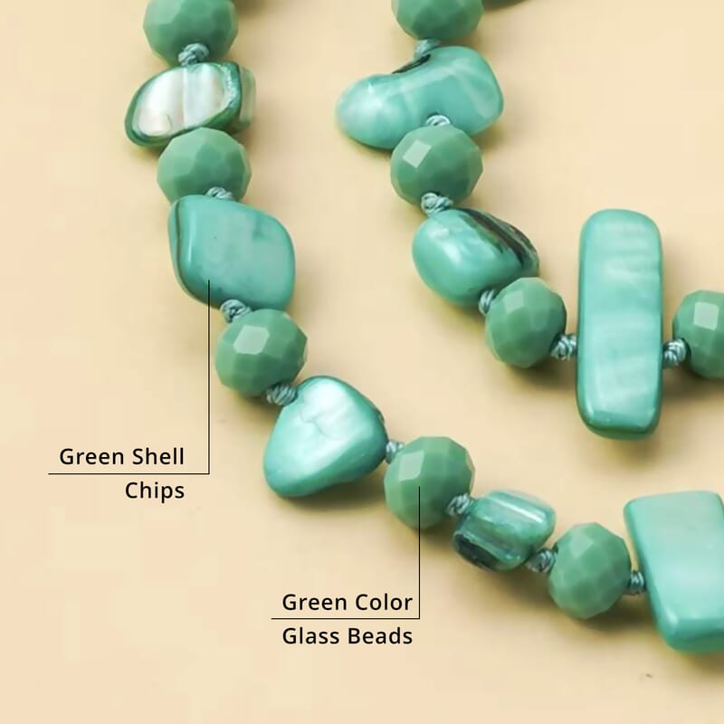 Green Shell Chips and Green Color Glass Beaded Necklace 47 Inches