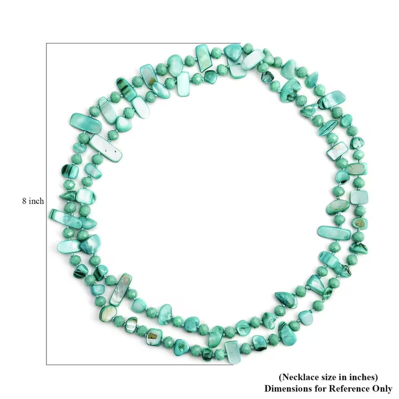 Green Shell Chips and Green Color Glass Beaded Necklace 47 Inches