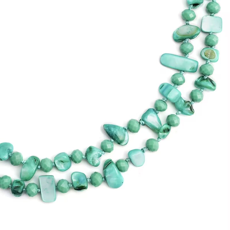 Green Shell Chips and Green Color Glass Beaded Necklace 47 Inches