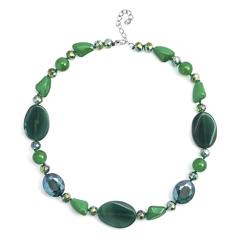 Green Agate and Green Magic Color Glass  200.00 ctw Necklace in Silvertone 20-22 Inches