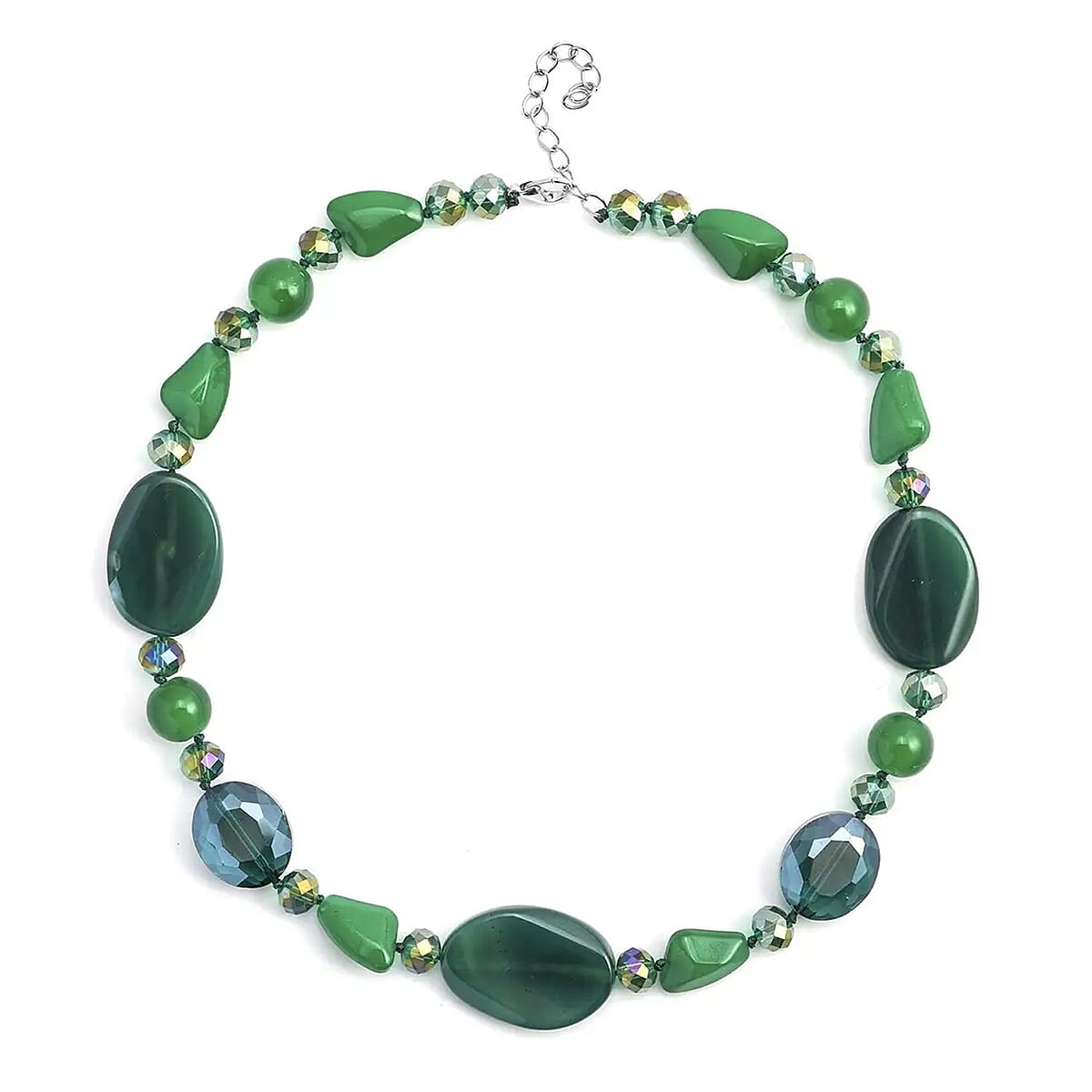 Green Agate and Green Magic Color Glass Necklace 20-22 Inches in Silvertone 200.00 ctw image number 0