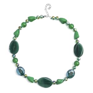 Green Agate and Green Magic Color Glass Necklace 20-22 Inches in Silvertone 200.00 ctw
