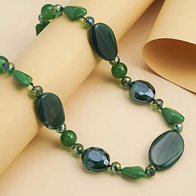 Green Agate and Green Magic Color Glass  200.00 ctw Necklace in Silvertone 20-22 Inches