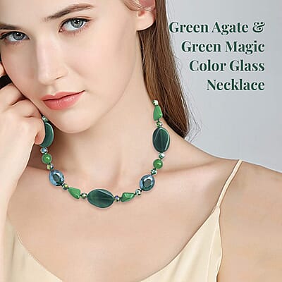 Green Agate and Green Magic Color Glass  200.00 ctw Necklace in Silvertone 20-22 Inches