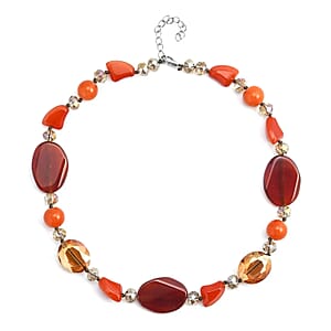 Red Agate and Multi Color Glass 200.00 ctw Necklace in Silvertone 20-22 Inches