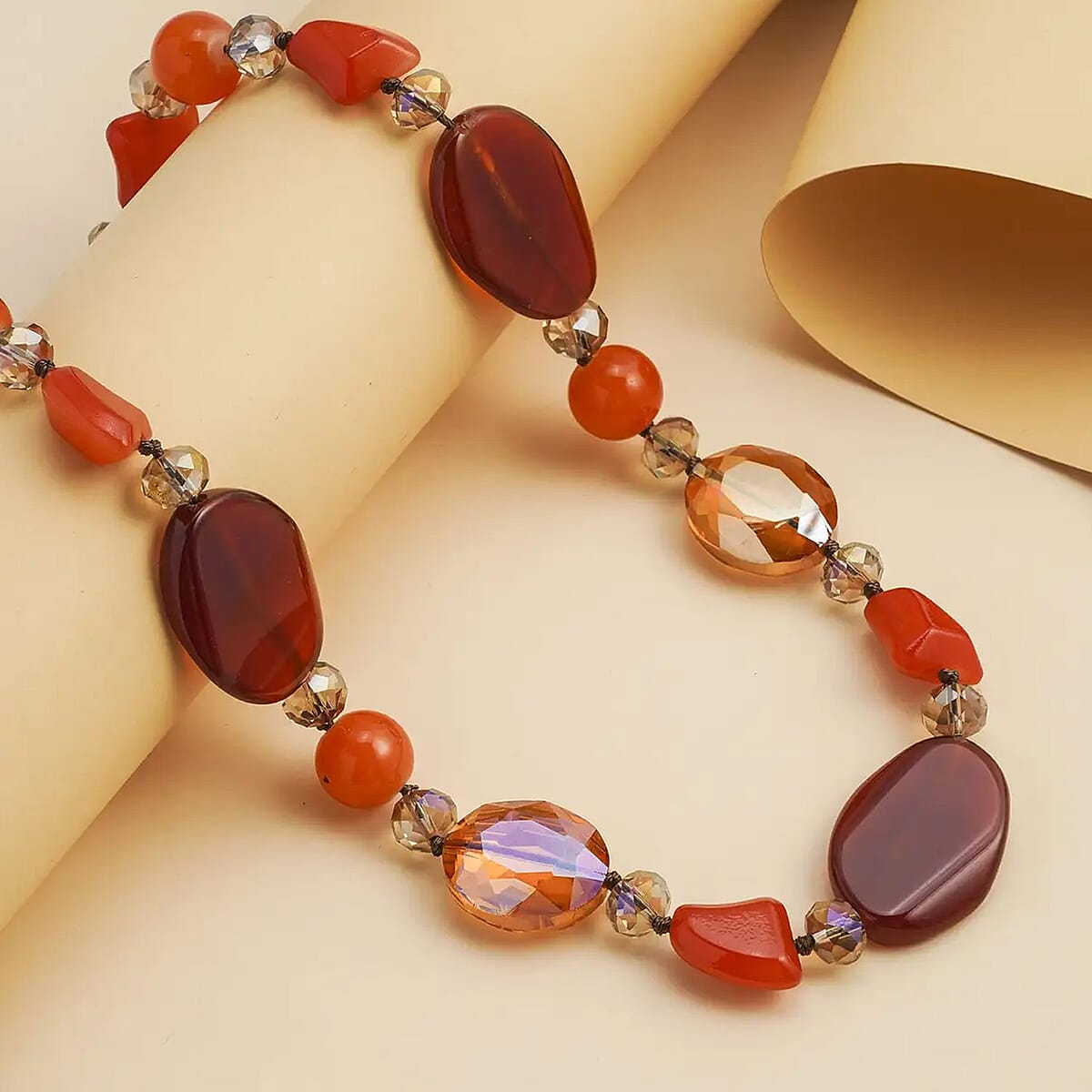Red Agate and Multi Color Glass 200.00 ctw Necklace in Silvertone 20-22 Inches image number 1
