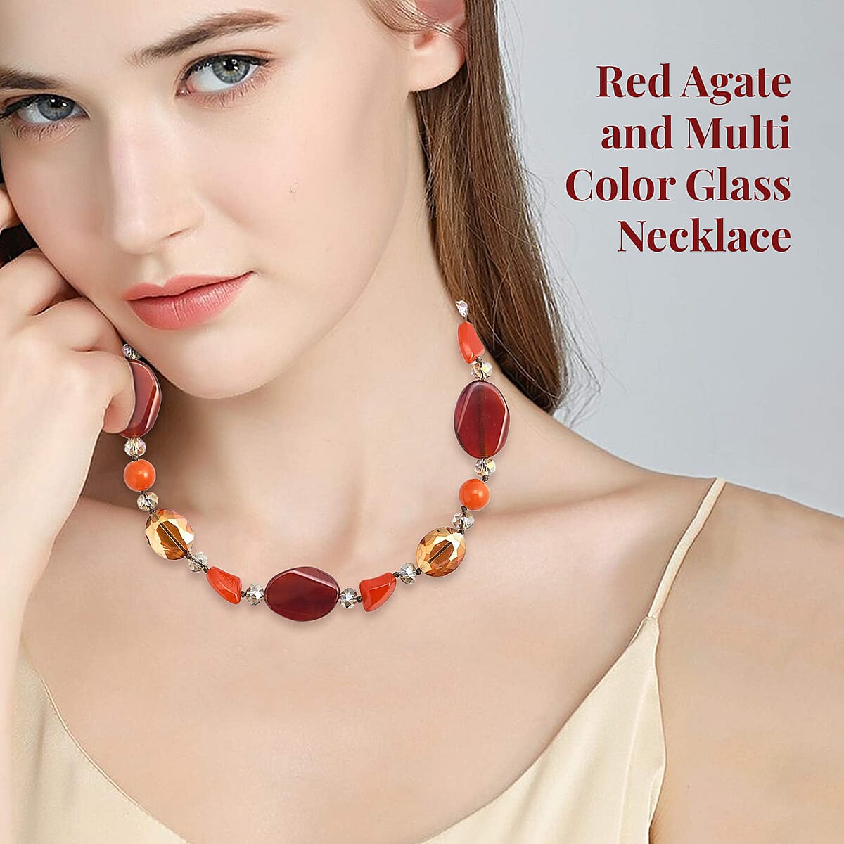 Red Agate and Multi Color Glass 200.00 ctw Necklace in Silvertone 20-22 Inches image number 2