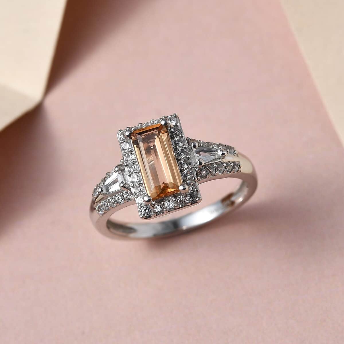 Premium Golden Imperial Topaz and Natural White Zircon Ring in Platinum Over Sterling Silver 1.50 ctw image number 1