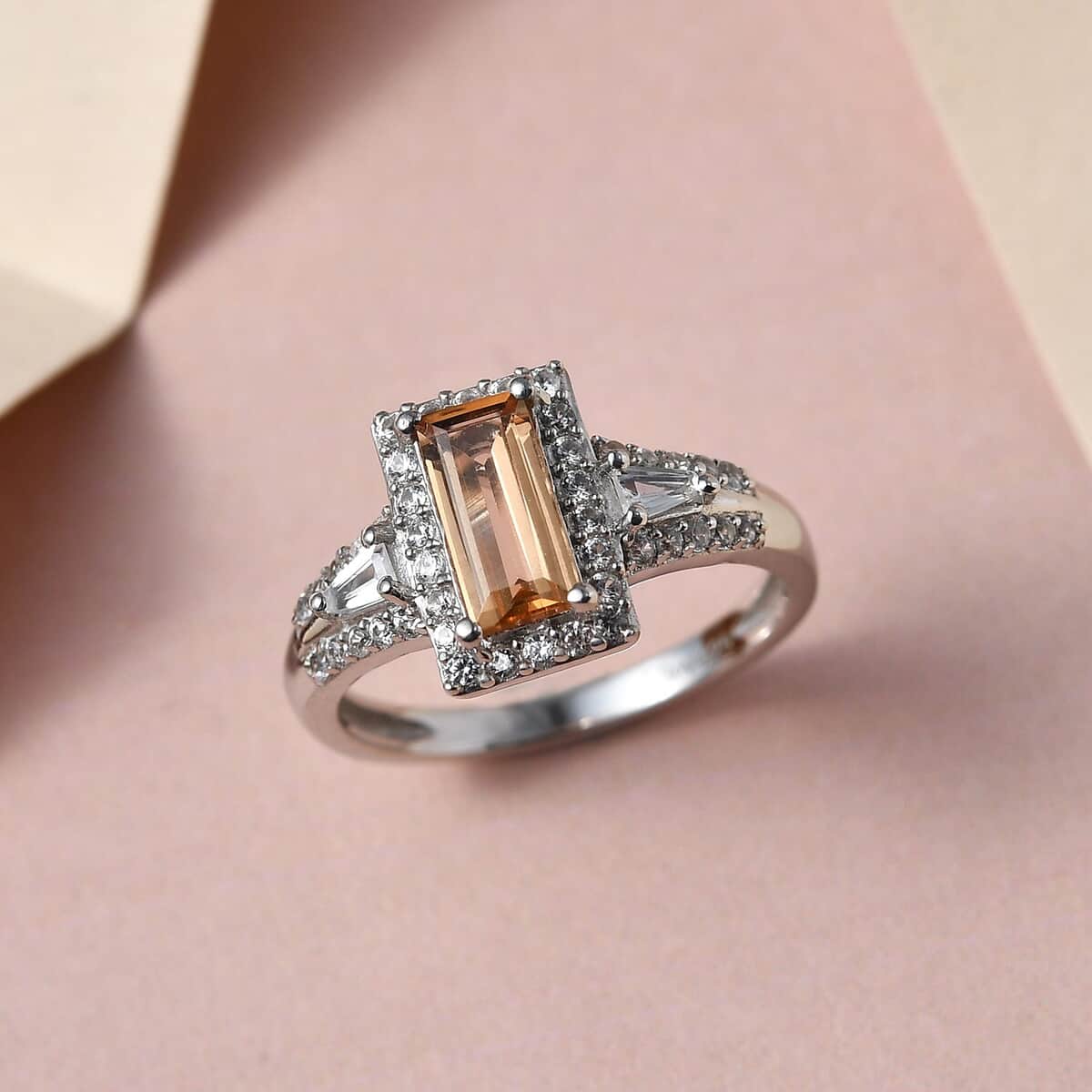 Premium Golden Imperial Topaz and Natural White Zircon Ring in Platinum Over Sterling Silver (Size 7.0) 1.50 ctw image number 1