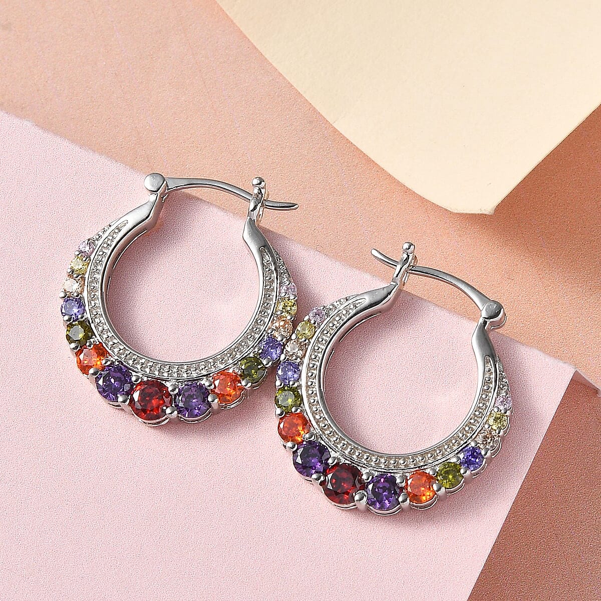 Karis Simulated Multi Color Diamond Hoop Earrings in Platinum Bond 4.25 ctw image number 1