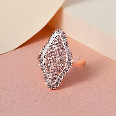 Natural White and Pink Diamond Elongated Ring in Vermeil Rose Gold Over Sterling Silver (Size 7.0) 1.00 ctw