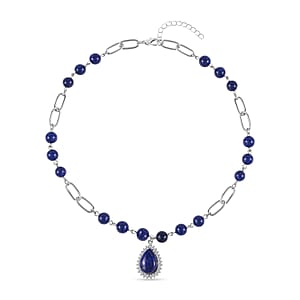Lapis Lazuli and Austrian Crystal Paper Clip Chain Necklace 18-20 Inches in Silvertone 83.00 ctw