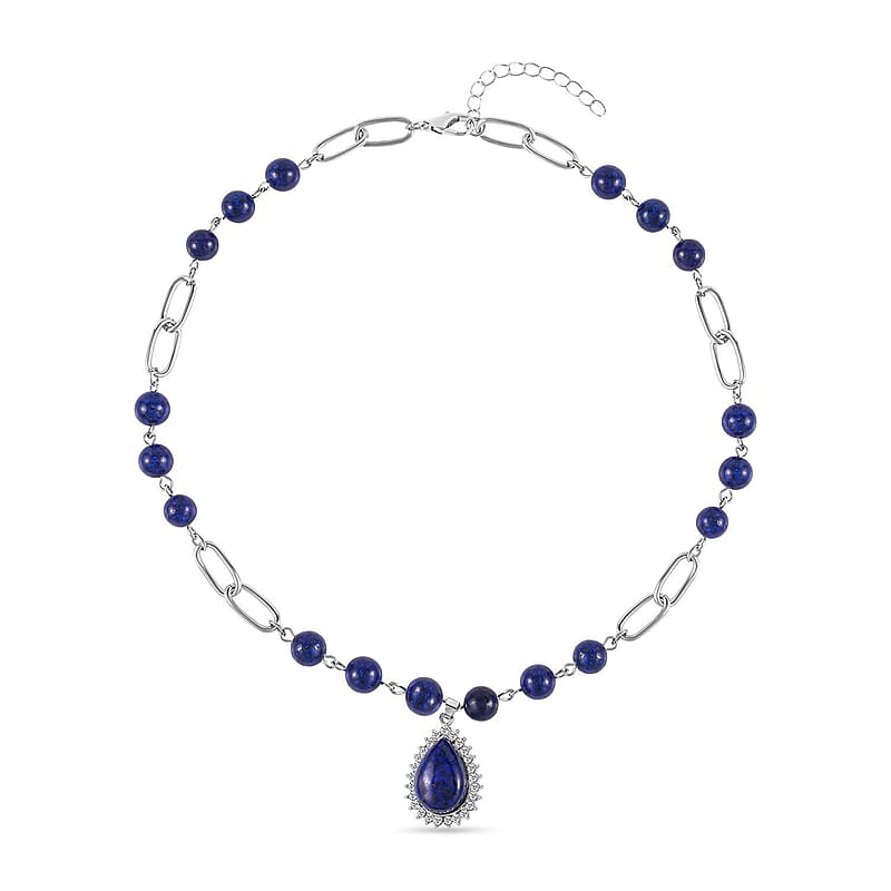 Lapis Lazuli and Austrian Crystal Paper Clip Chain Necklace 18-20 Inches in Silvertone 83.00 ctw