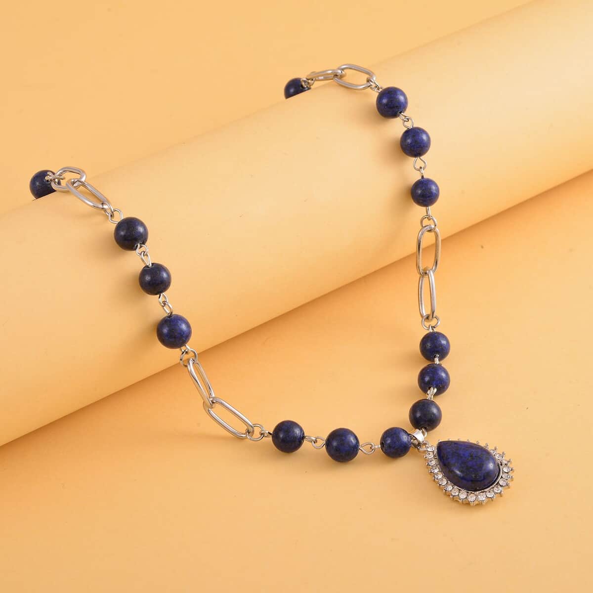 Lapis Lazuli and Austrian Crystal Paper Clip Chain Necklace 18-20 Inches in Silvertone 83.00 ctw image number 1