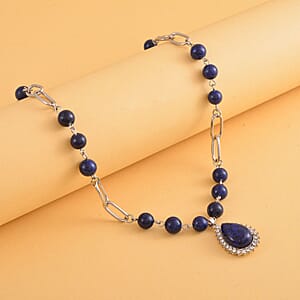 Lapis Lazuli and Austrian Crystal Paper Clip Chain Necklace 18-20 Inches in Silvertone 83.00 ctw