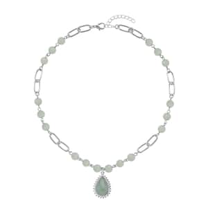 Green Aventurine and Austrian Crystal Paper Clip Chain Necklace 18-20 Inches in Silvertone 83.00 ctw