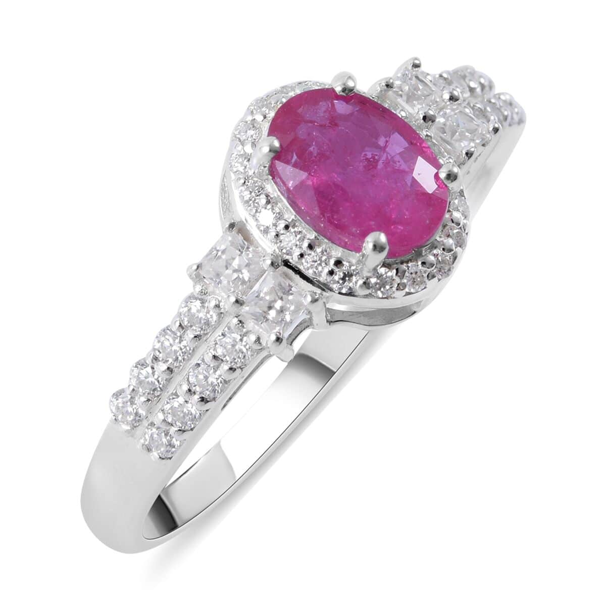 Premium Montepuez Ruby and Moissanite Halo Ring in Platinum Over Sterling Silver (Size 10.0) 1.50 ctw image number 0